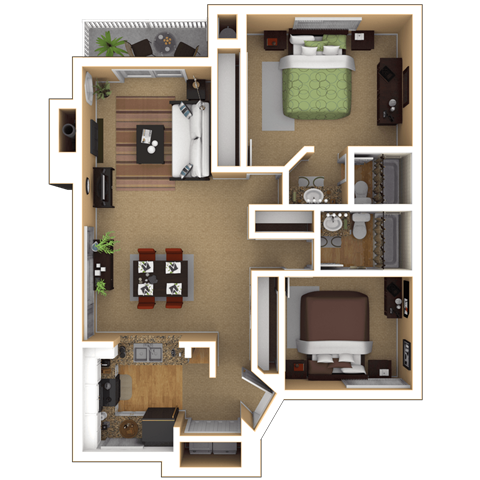 Floor plan for 2 beds, 2 baths, 1052 sqft